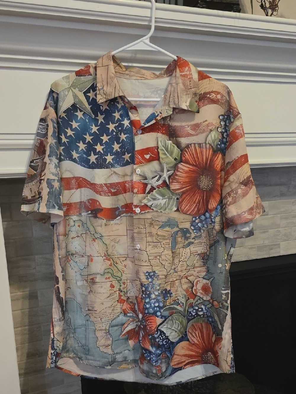 Patriotic Floral Map Print Short-Sleeve Shirt - Red, Blue